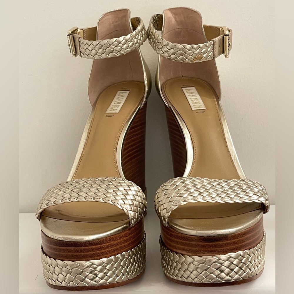 LAUREN Ralph Lauren Gold Leather Platform Sandals size 11B